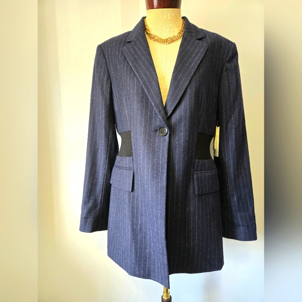 LEWIT NEW WITH TAGS Navy Wool Pinstripe Blazer with Elasticated Waist. Size 14